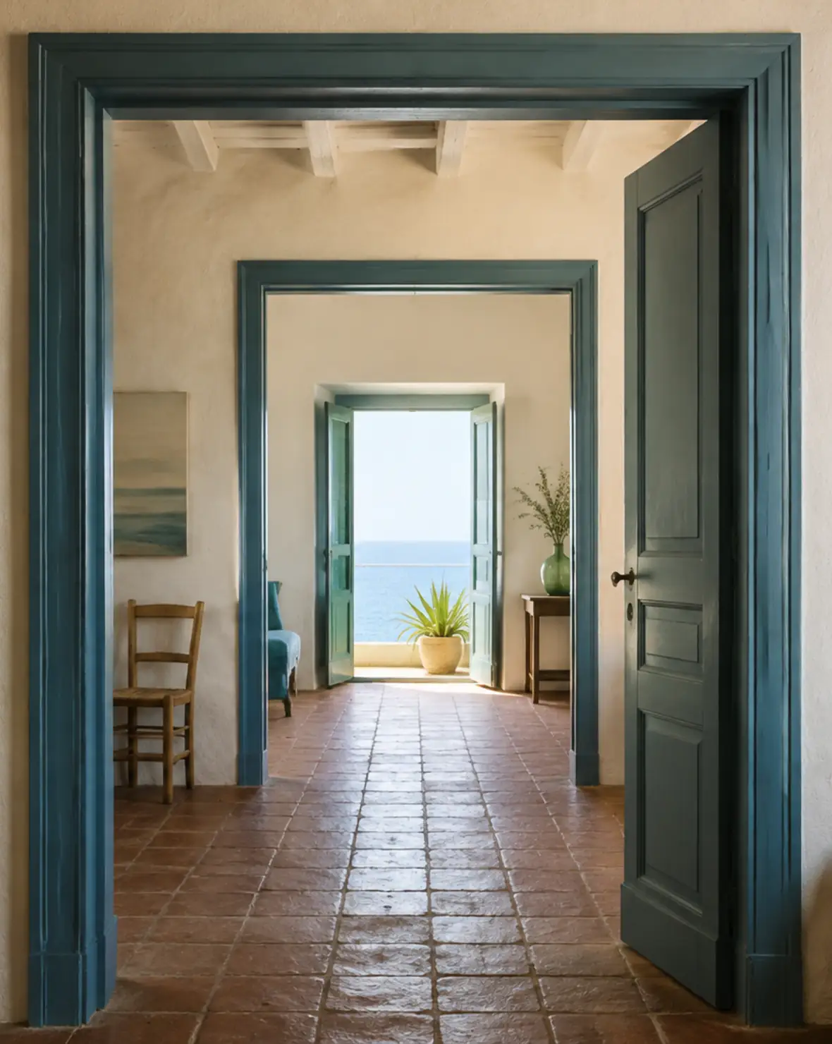 Sucesión de puertas verde azulado en una vivienda luminosa que conduce la mirada hacia el mar